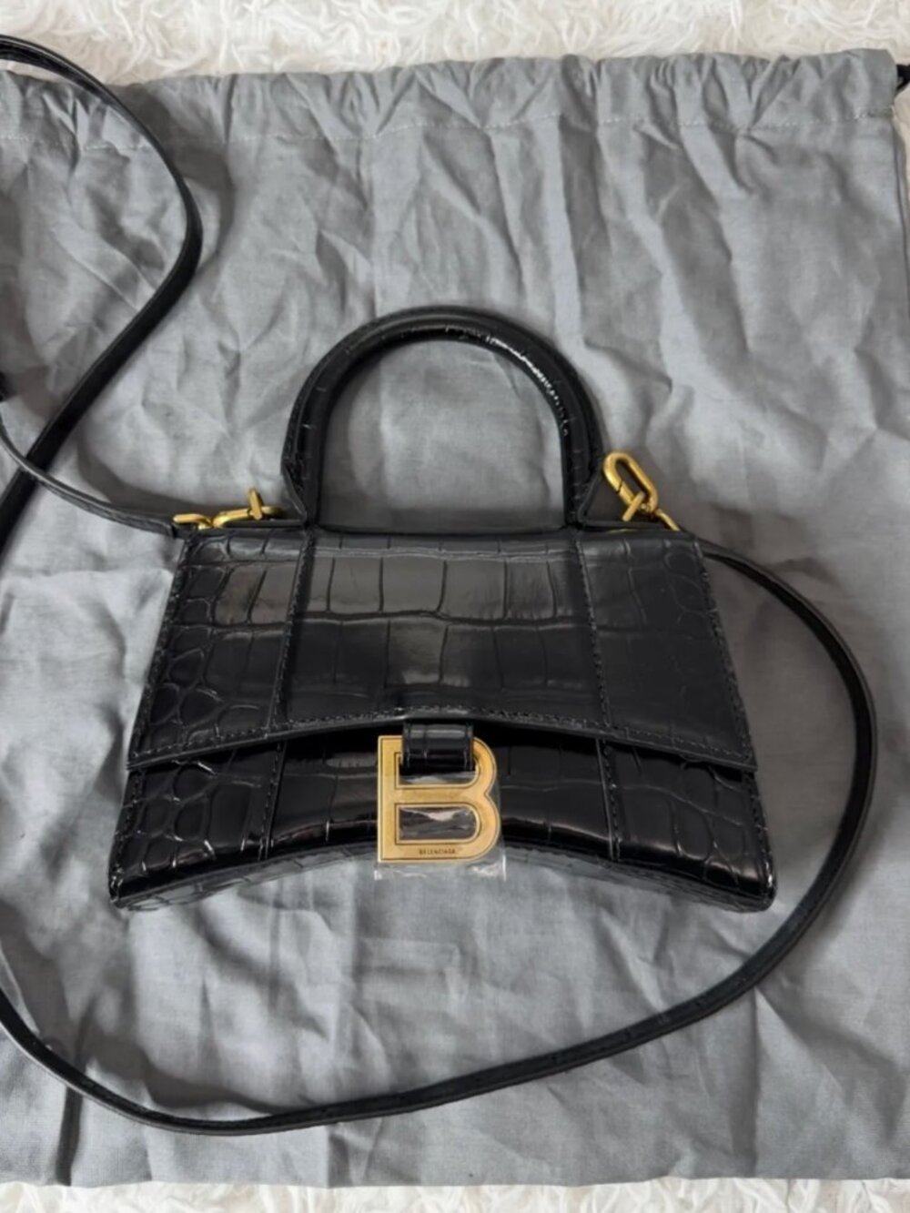 BALENCIAGA Shiny Calfskin Crocodile Embossed Hourglass Top Handle Bag XS in Blac